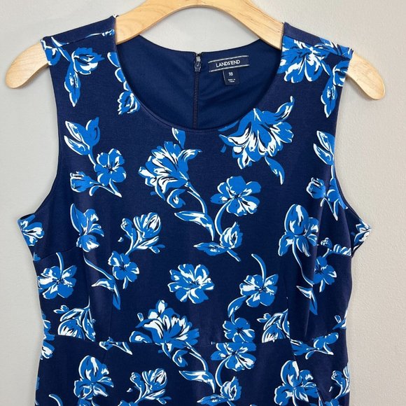 Lands End Dress 18 Blue Sheath‎ Floral Ponte Knit Stretch Pockets Sleeveless - Picture 2 of 12